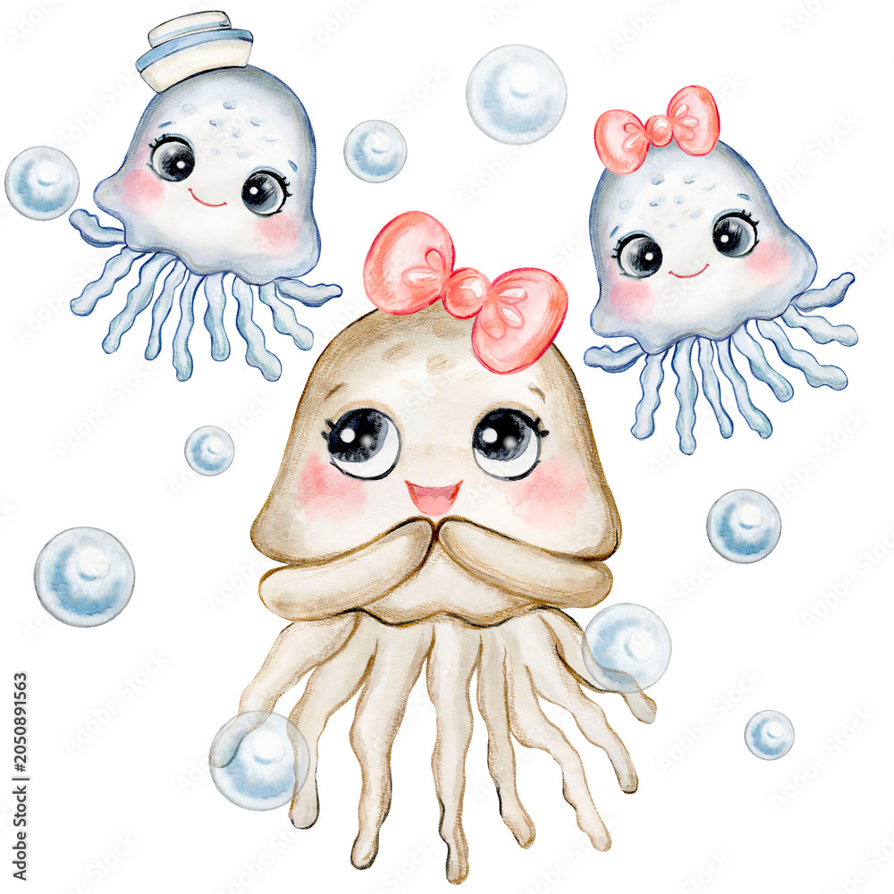 Obraz premium Watercolor illustration with cute jellyfish mom and two baby jellyfish. Handmade watercolor illustrations for Mother's Day, postcards and prints
