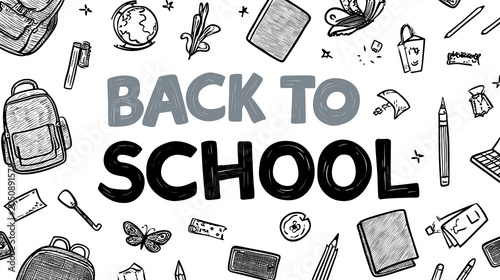 Back to school text concept with hand drawn school supplies doodles on white background