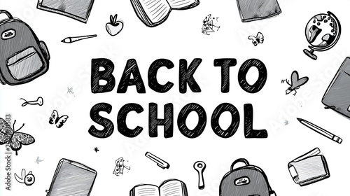 Back to school text concept with hand drawn school supplies doodles on white background