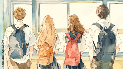 仲良く談笑する制服姿の学生たちをやさしく描いたイラスト、高校生、中学生、同級生、友達、学園、学校、教室、校内、通学、登校、下校、休み時間、放課後、青春、友情、交流、会話、笑顔、日常、若者、思い出、学び、教育、進路、成長、未来、人物、集合、自然な表情、親しみ、コミュニケーション、スクールライフ、学校紹介、案内、人物素材、学生生活、学級風景、明るい空気、仲間の時間、学園風景、学校時間、友愛、学友、校内