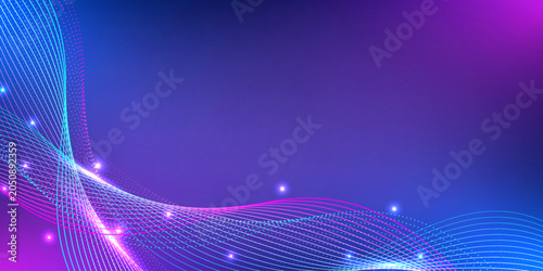 Abstract digital wave background. Featuring glowing blue and purple wavy lines. Design for fiber optic telecoms and simulation.