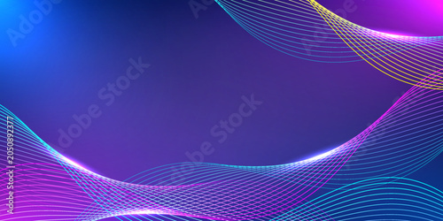 Abstract digital wave background with glowing stars and cosmic light particles in a dark blue background.