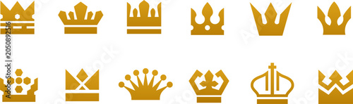 Foto Crowns featuring twelve unique golden silhouettes demonstrate various royal headgear styles and regal iconography