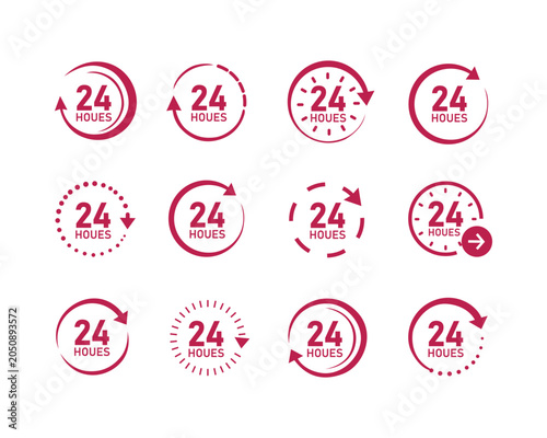 Minimalist red 24 hours service and customer support icon set. Clean vector clock loop arrow symbols isolated on white background for delivery and open anytime UI layouts.