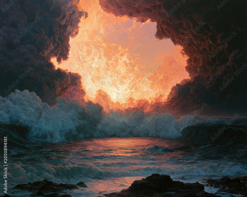 Fototapeta premium Fiery sky bursts through jagged cliffs