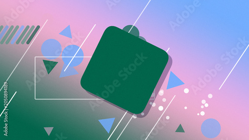 Εκτύπωση καμβά A green rounded square frame icon appears at an angle on a blue gradient background with floating triangles, circles, and streaking lines for tech flair