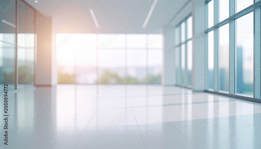 Fototapeta premium Blurred modern corporate office lounge background with bright window lighting