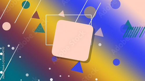 Slika na platnu A pastel pink rounded-square icon hangs over a bright abstract gradient filled with floating triangles, circles, and motion-line accents