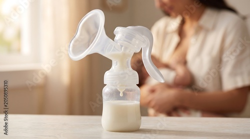 Manual breast pump with milk and mother nursing baby in background