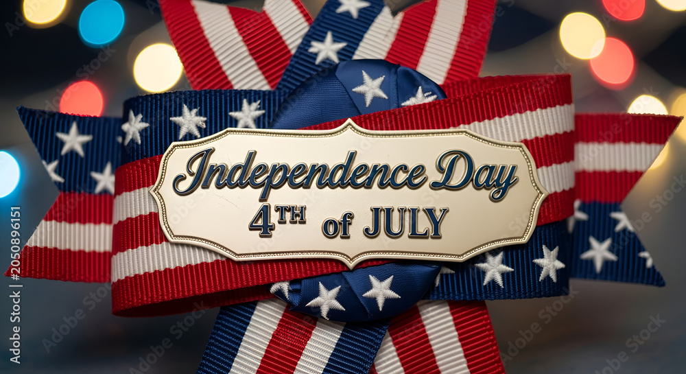 Obraz premium USA Independence Day 4th of July patriotic ribbon banner stars bokeh lights