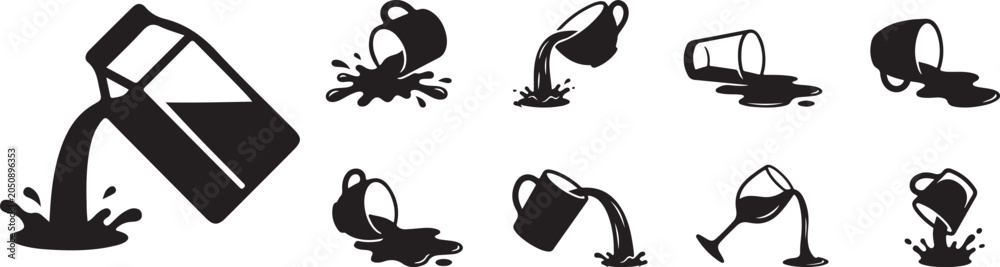 Naklejka premium Spilled Beverage and Pouring Drink Silhouette Icons Set with Coffee Cup Liquid Splash and Overflow Vector Collection