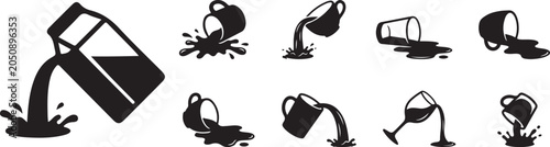 Konstfotografi Spilled Beverage and Pouring Drink Silhouette Icons Set with Coffee Cup Liquid S