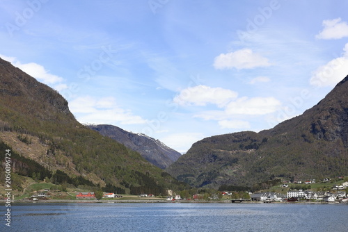 A view of the buildings lining the waterfront of Skjolden.  Skjolden is a Norwegian village at the inner most point of the Lustrafjorden a branch of the world's longest fjord, Sognefjorden.