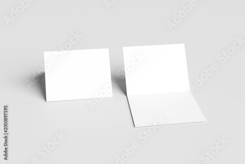 Two plain blank white bifold postcards mockup. Perfect for graphic designers, printers, and companies to present greeting cards. Realistic 3D rendering on a light gray background