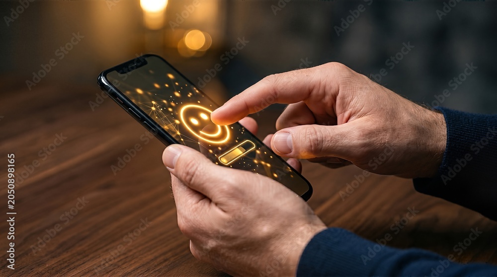 Fototapeta premium Minimalist digital interface interaction on modern smartphone with glowing rating icon and premium bokeh background for commercial customer service satisfaction concept