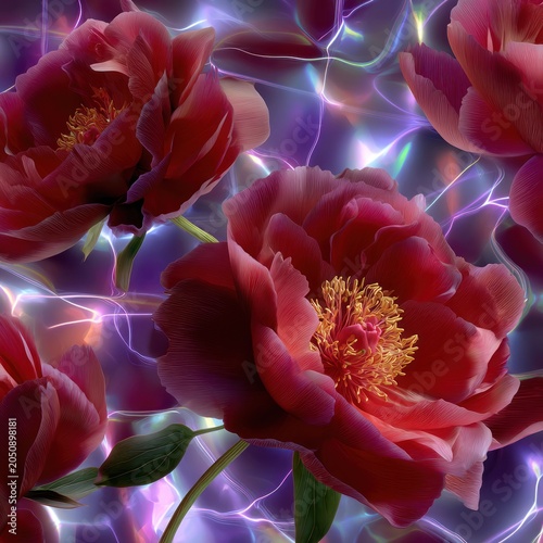 Seamless deep red peony wallpaper over holographic background for luxurious floral interior design
