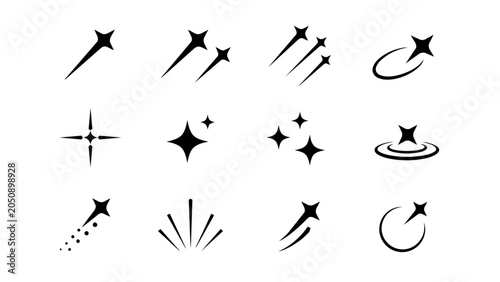 Tableau sur toile 白背景に並ぶ流れ星ときらめきのモノクロアイコンセット、装飾や宇宙表現に使えるシンプル素材