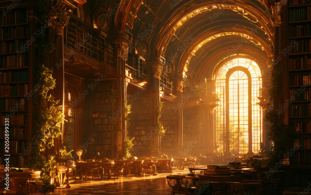 Fototapeta premium Golden light floods through arched stained glass