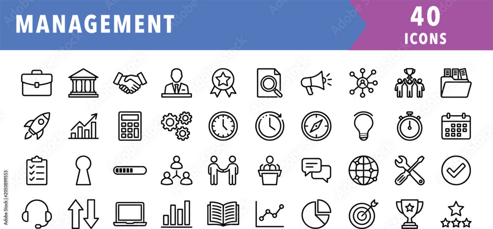 Obraz premium Management icon set: 40 line icons for business strategy and leadership concept.