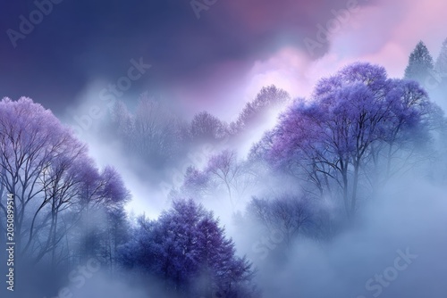 Seamless mystical forest wallpaper with soft fog blending into an abstract atmospheric landscape