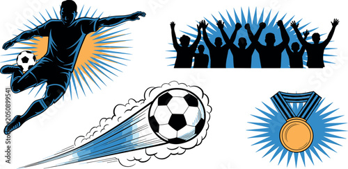 Bild auf Leinwand Soccer graphic vector set featuring kicking player silhouette cheering fans crow