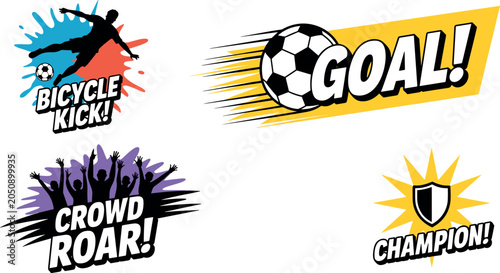 Soccer sticker vector set with bicycle kick silhouette flying goal ball cheering crowd roar and champion shield emblem