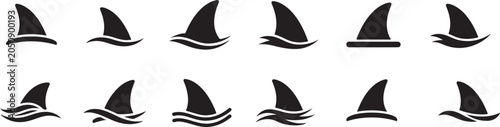 Canvastavla Shark Fin Silhouette Icons Set with Ocean Waves Marine Wildlife and Sea Predator