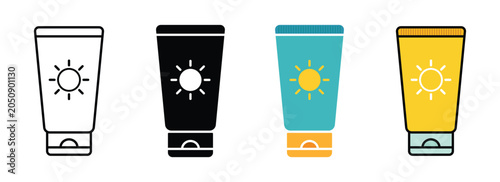 Sunscreen tube icon collection set. Outline, glyph and color vector illustration isolated on transparent background. Summer sunscreen tube icon