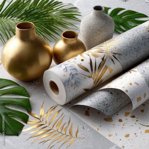 Seamless tropical leaf wallpaper with gold foil terrazzo elements for luxury interior design