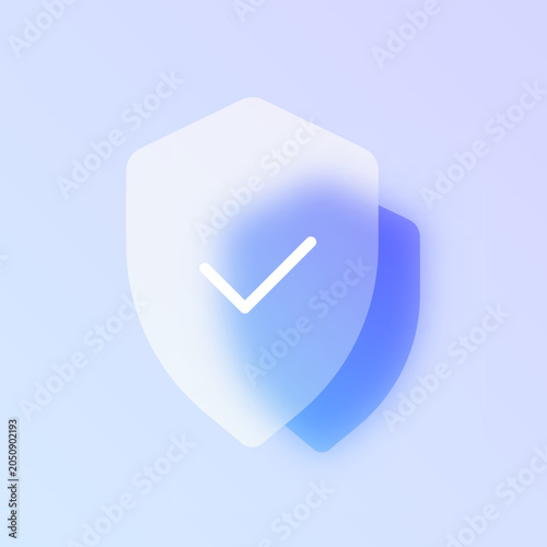 Shield security glassmorphism icon. Blue frosted glass vector pictogram with checkmark for protection UI, web design concept.