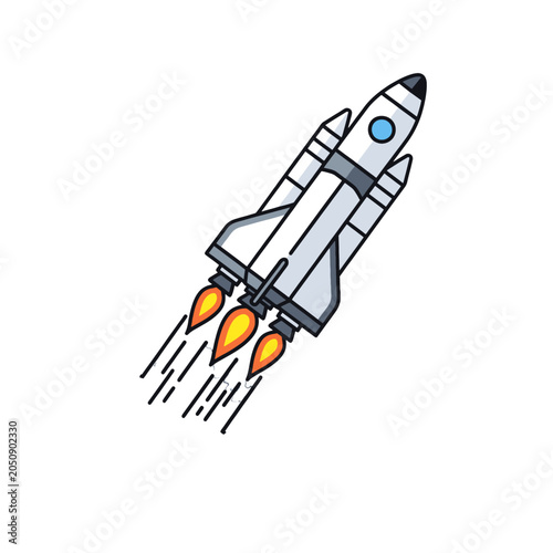 A colorful illustration of a space shuttle launching into the dark sky