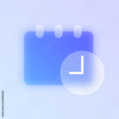 Schedule calendar clock glassmorphism icon. Blue frosted glass vector pictogram with notepad and time for planning UI, web design concept.