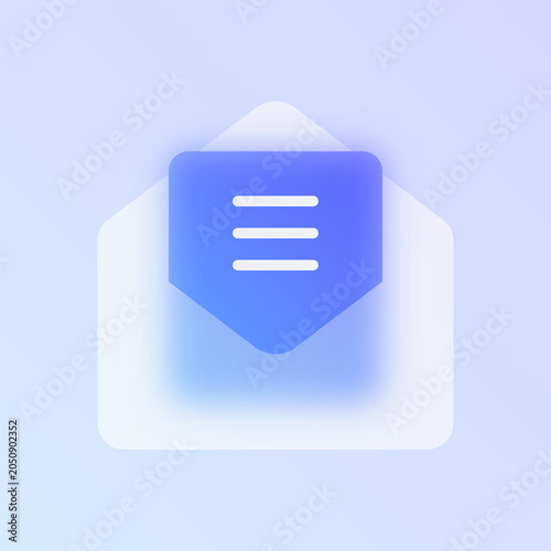 Email envelope glassmorphism icon. Blue frosted glass vector pictogram with open mail for inbox UI, web design concept.