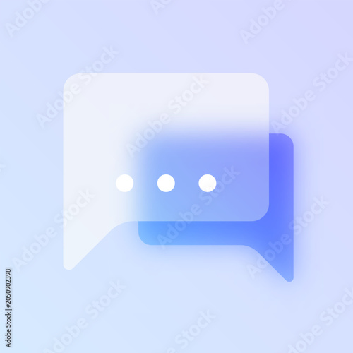 Chat conversation glassmorphism icon. Blue frosted glass vector pictogram with speech bubbles for messaging UI, web design concept.
