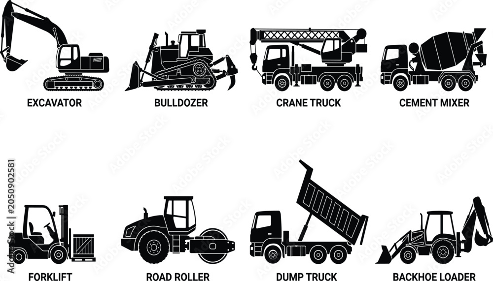Obraz premium Black construction vehicles silhouettes vector icons set featuring excavator bulldozer crane cement mixer forklift road roller and dump construction vehicles silhouettes vector icons set featuring