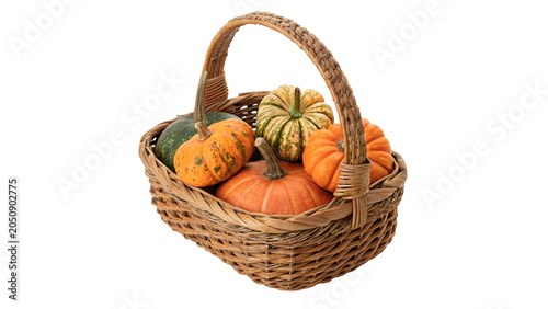 Fotografie Wicker basket filled with autumn harvest pumpkins squashes Thanksgiving decor is