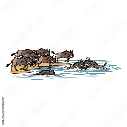 Photography A herd of wild animals crossing a shallow river in the savanna