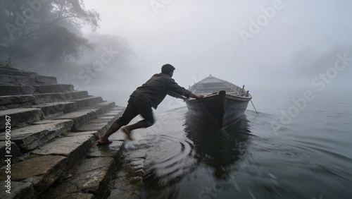 Pushing boatman leaning from stone ghats at riverside, in dark clothes, barefoot, rowboat with rope