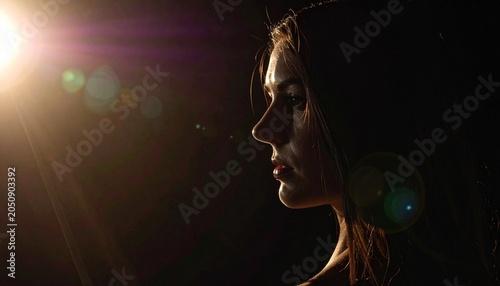Woman in profile, illuminated by a bright golden flare