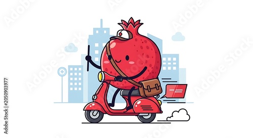 Cartoon red monster riding a motorcycle.