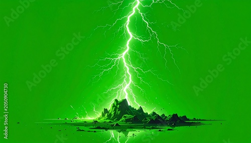 Green lightning strikes a small, rocky island
