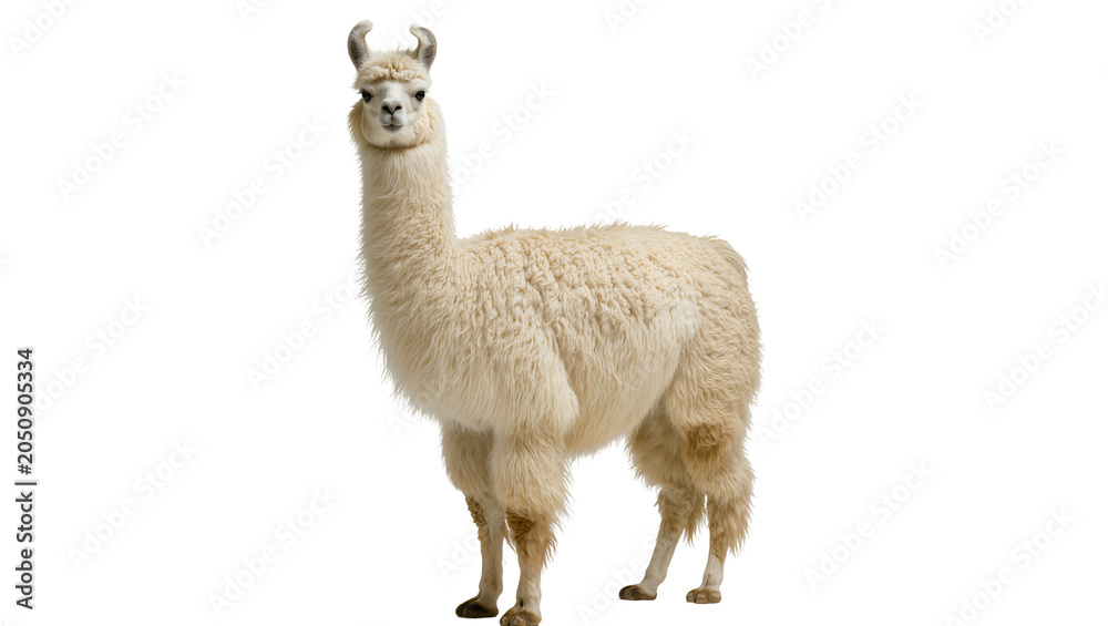 Naklejka premium Fluffy white llama standing profile view