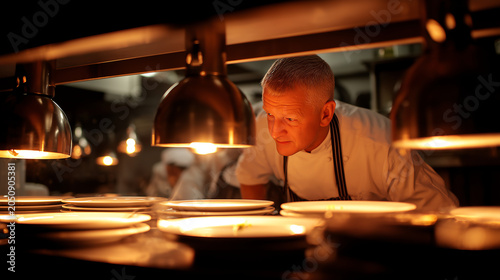 An experienced silver haired chef leans in to examine plated dishes under glowing heat lamps at the pass of a fine dining restaurant kitchen