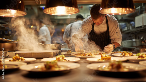 A focused chef plates several dishes beneath glowing heat lamps amid rising steam in a busy professional restaurant kitchen during dinner service