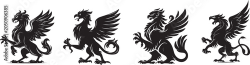 Collection of griffin heraldic creature silhouettes featuring majestic winged beast emblems with eagle heads and lion bodies in vintage vector style
