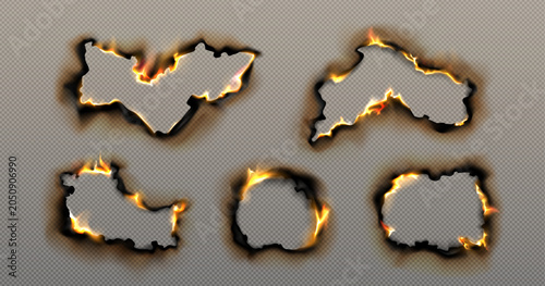 Konstfotografi set of realistic effects of burnt and burning paper on a transparent background