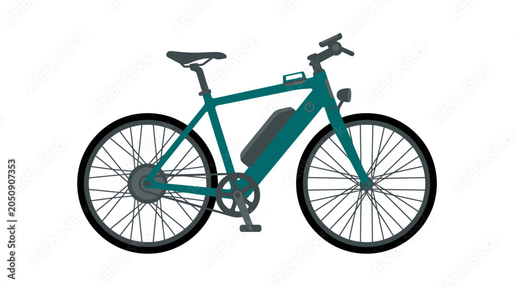 Fototapeta premium Modern Teal Electric Bicycle with Battery and Headlight, Isolated on White