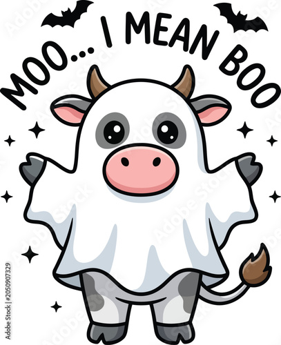 Canvastavla A cartoon cow dressed as a ghost with the text moo i mean boo for halloween