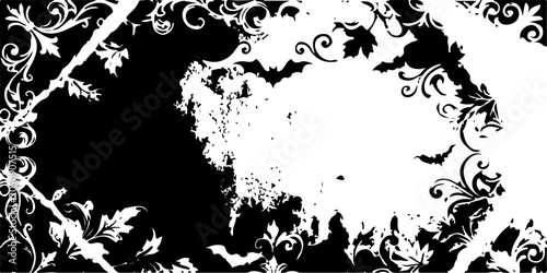 Abstract black and white background featuring a dirty grunge paint splatter texture and a floral silhouette art border frame vector illustration