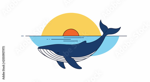 Whale breaching in ocean at sunset with sun on horizon, stylized